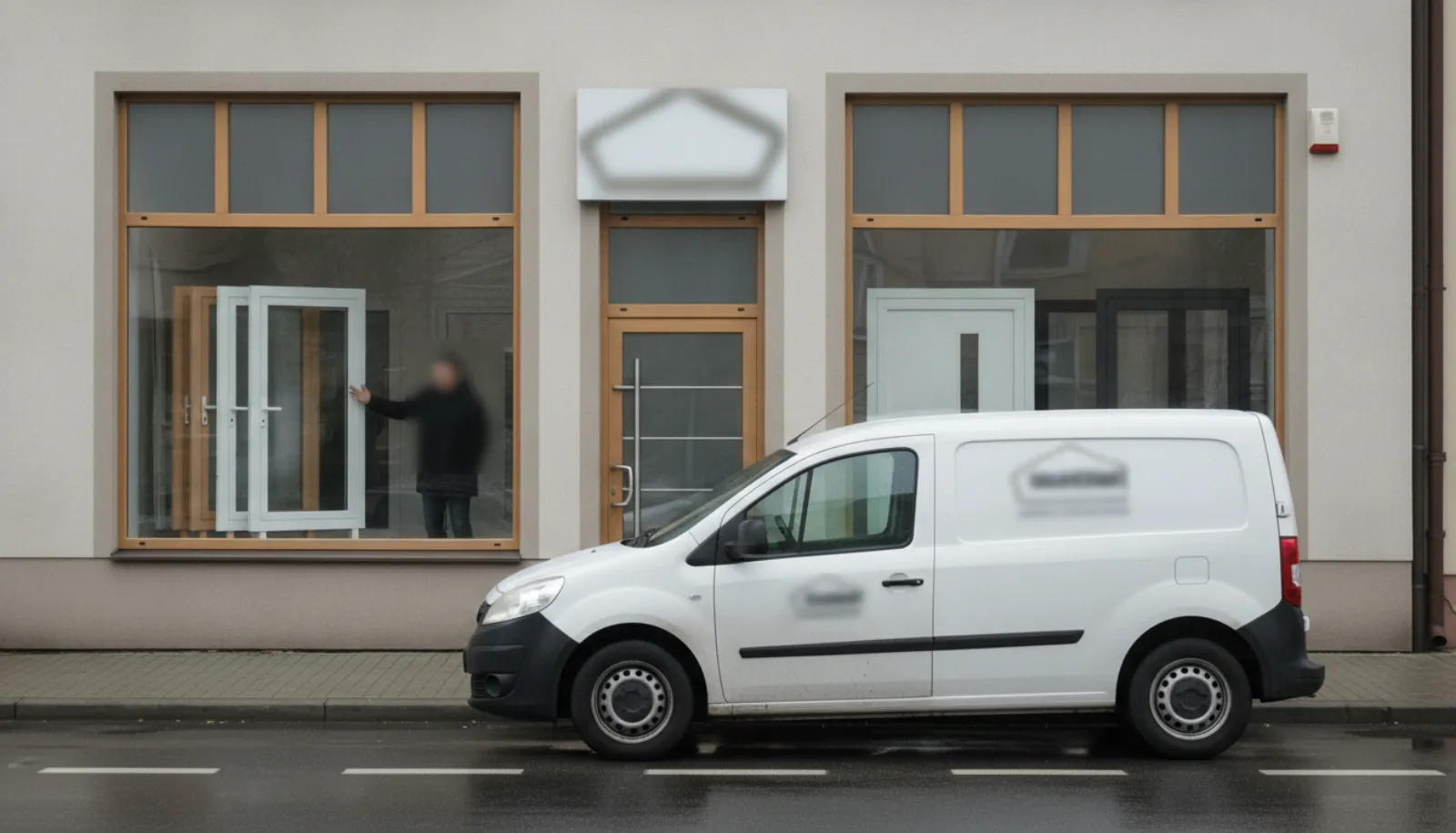Witryna małego salonu okien i drzwi przy ulicy, przed nią zaparkowany biały van dostawczy