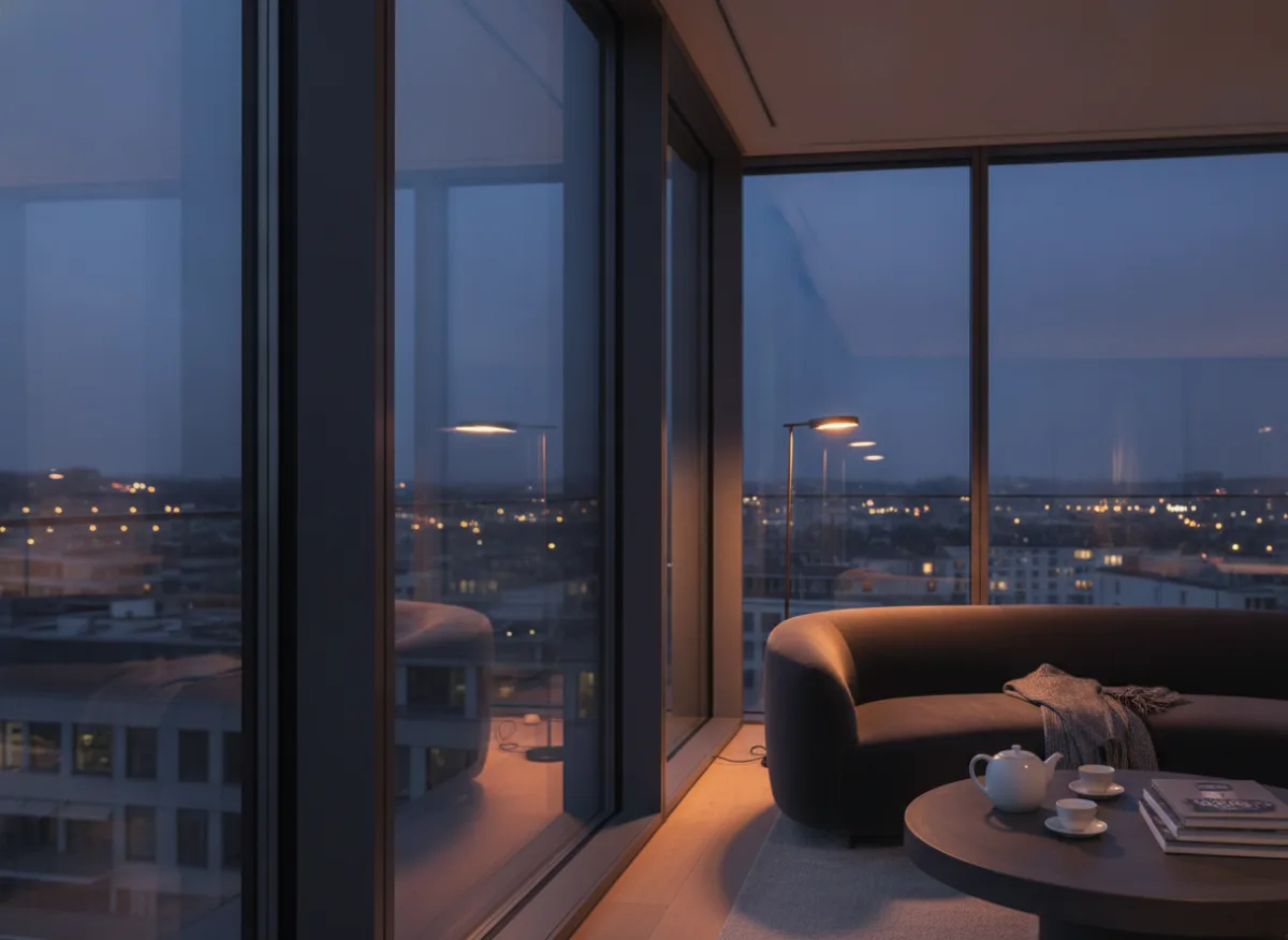 Apartament z narożnym przeszkleniem i widokiem na miasto nocą