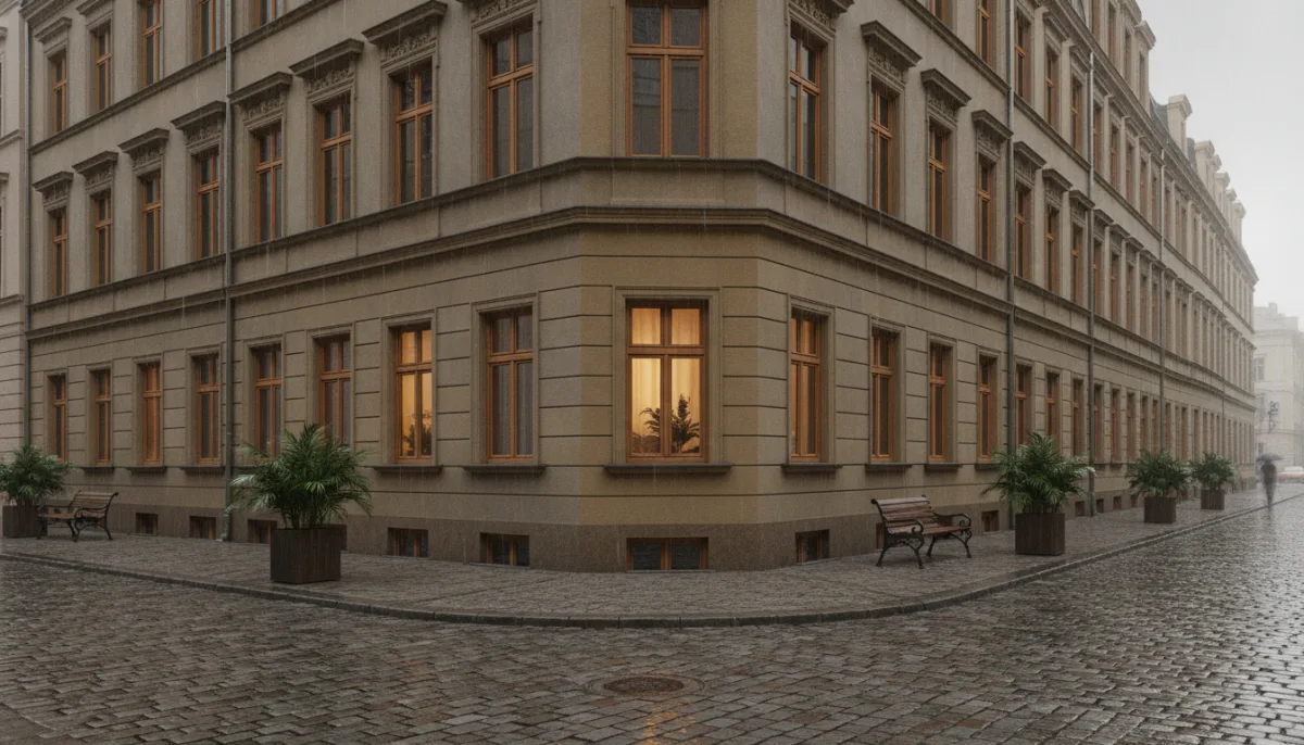 Pierzeja odnowionych kamienic z jednolitą nową stolarką