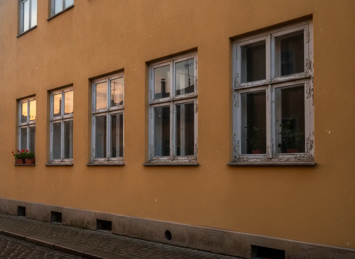 Elewacja kamienicy przed wymianą: stara stolarka z łuszczącą się farbą