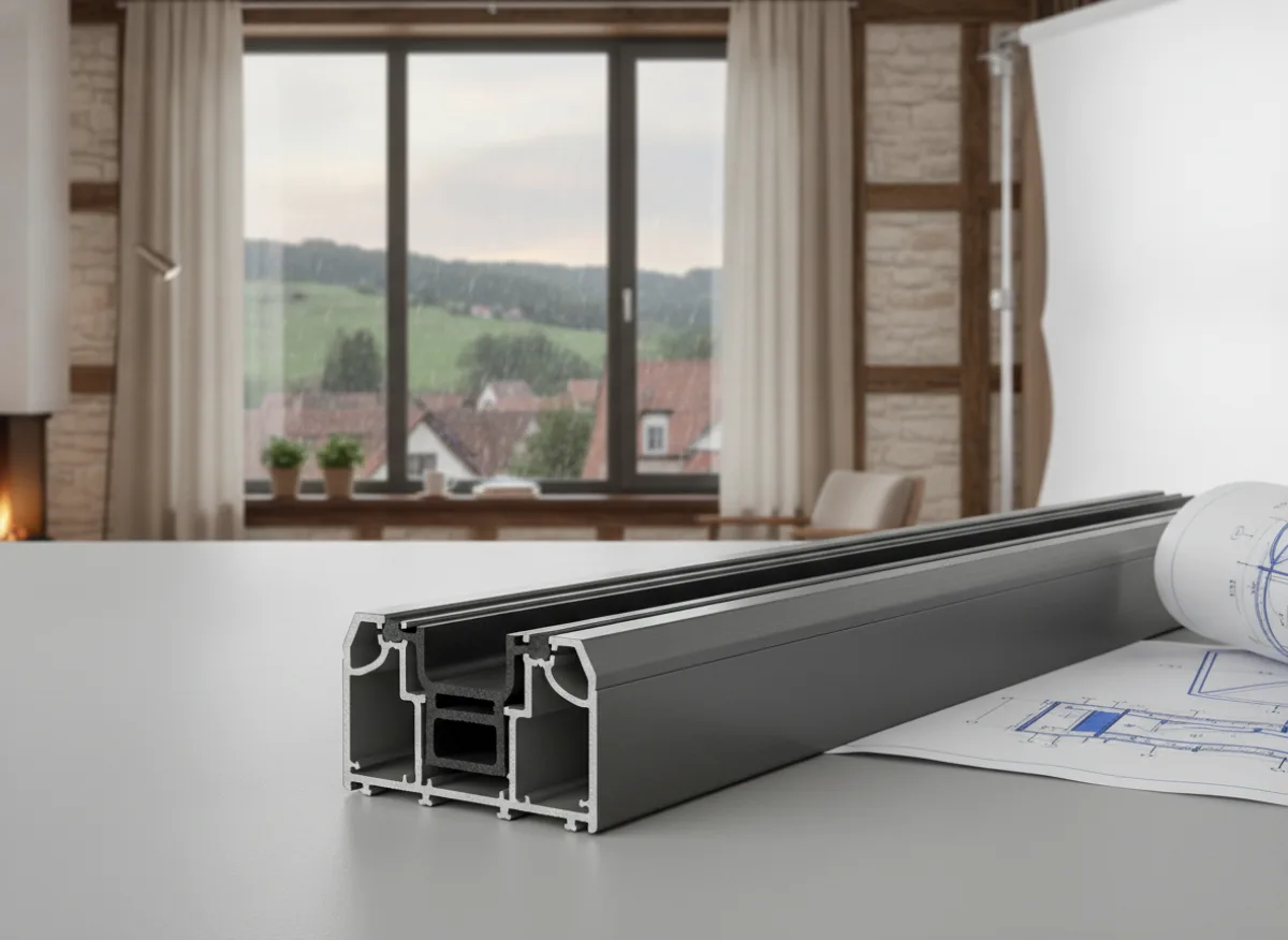 Przekrój profilu aluminiowego z przegrodą termiczną na stole warsztatowym