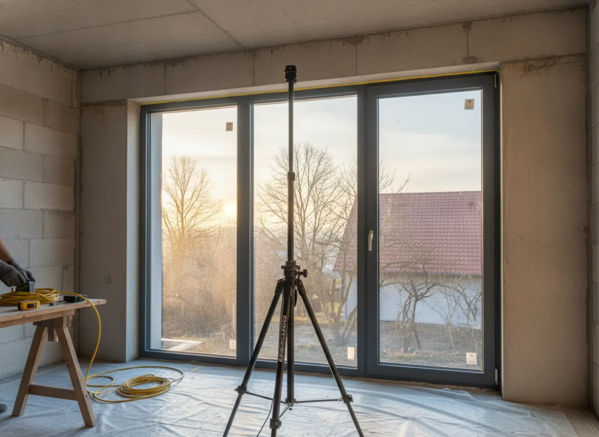 Pomiar otworu okiennego dalmierzem laserowym na budowie