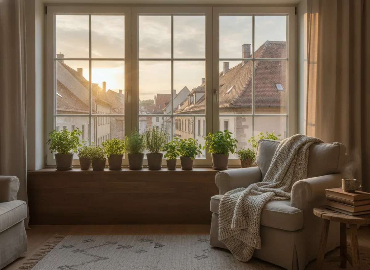Parapet z ziołami przy oknie z widokiem na stare miasto